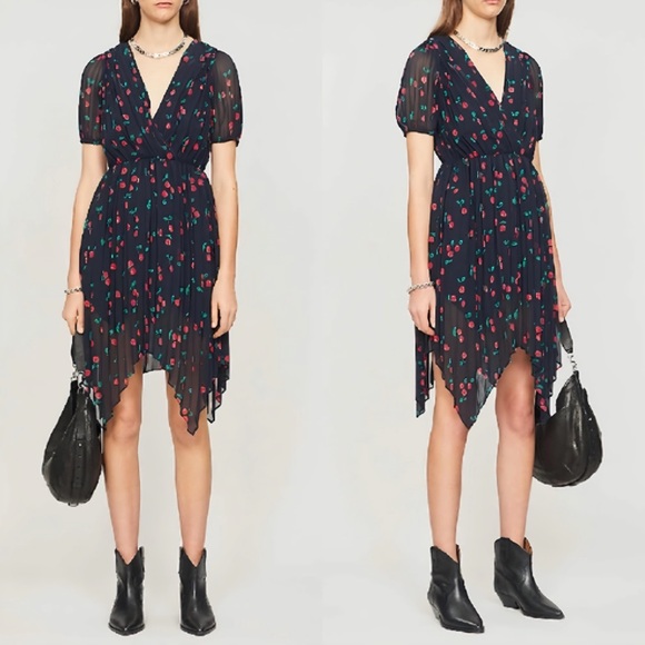 The Kooples Dresses & Skirts - NWOT THE KOOPLES Pleated Navy Blue Midi Dress with Floral/Cherry Motif Size M